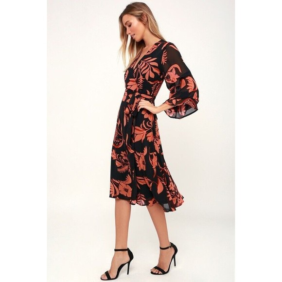 Lulus Highlight of my Life Orange and Black Floral Print Wrap Dress Size Small - Picture 3 of 14